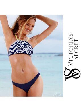 Victoria's Secret | Navy Chevron High Neck Strappy Bikini Top | Size Medium